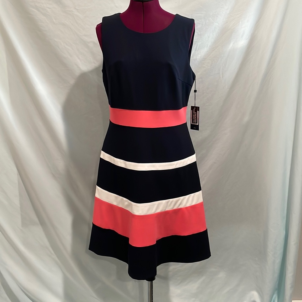 Tommy Hilfiger A-line sleeveless Navy Blue, Coral, and White Dress.